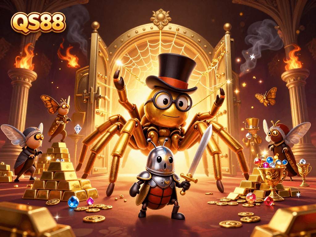 Experience the vibrant gaming world of QS88 with dynamic characters and golden treasures.