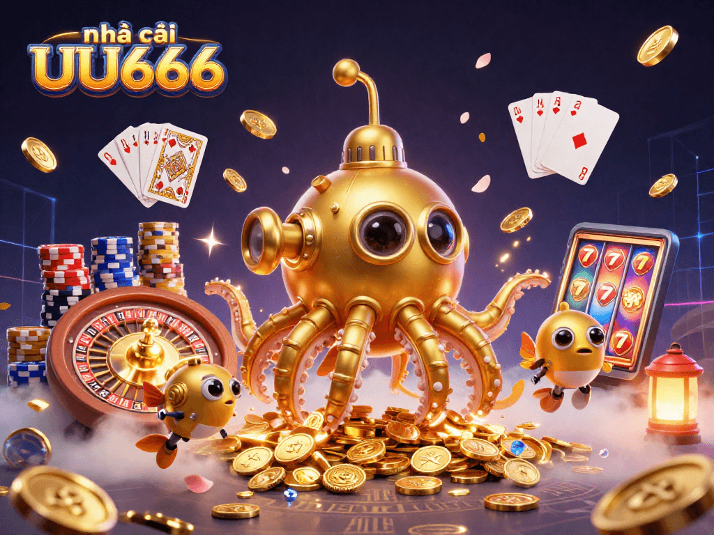 Experience thrilling gaming action with nhà cái UU666's vibrant 3D casino illustration featuring captivating elements.