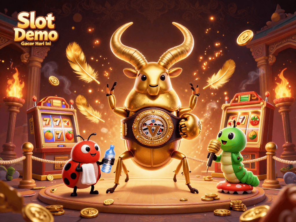 Engage with Slot Demo Gacor Hari Ini featuring a golden stag beetle in action amidst casino elements and rich details.