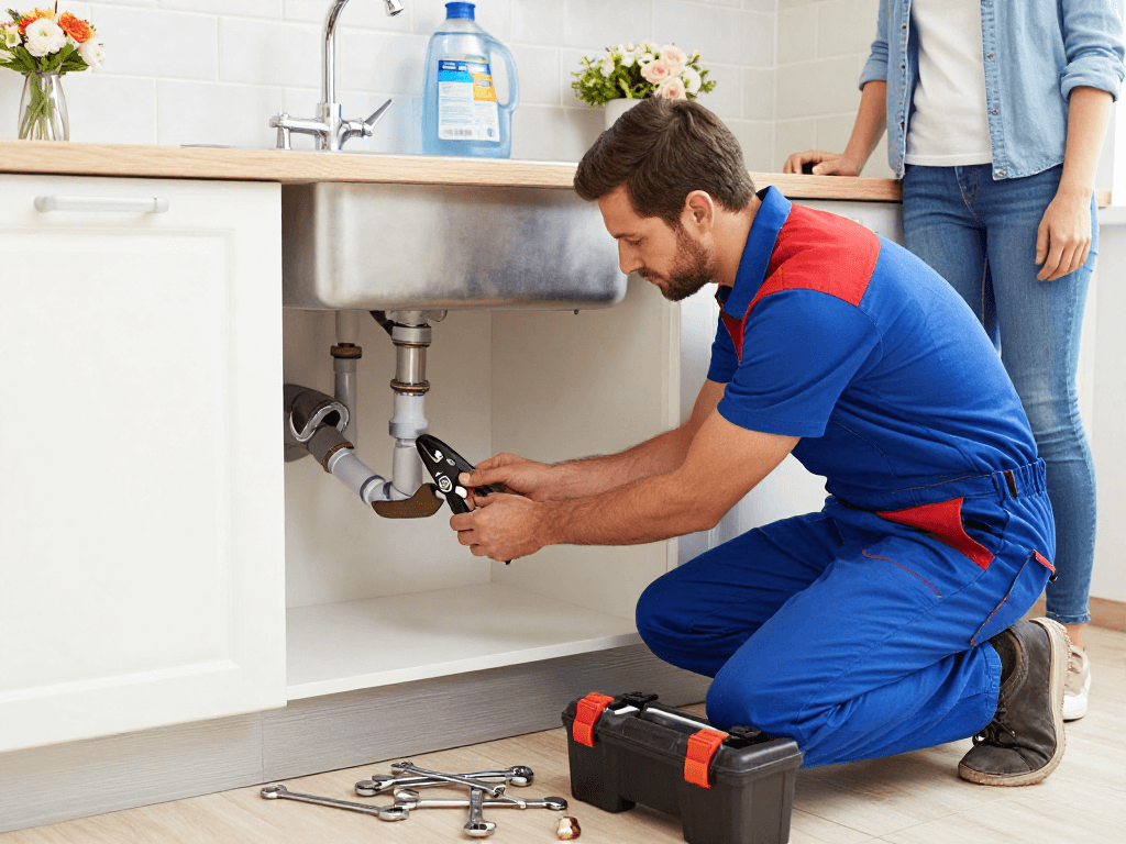 Expert rooter service Fort Worth plumber fixing sink leak with tools in a modern kitchen.