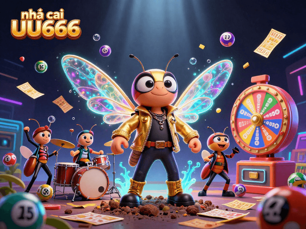 Experience vibrant gaming action with nhà cái UU666 featuring a buzzing cicada rock star and lively lottery elements.