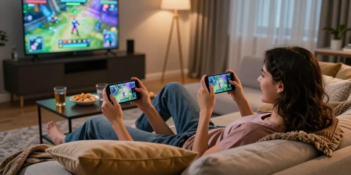 Couple enjoying a mobile porn game together on smartphones in cozy living room setting.