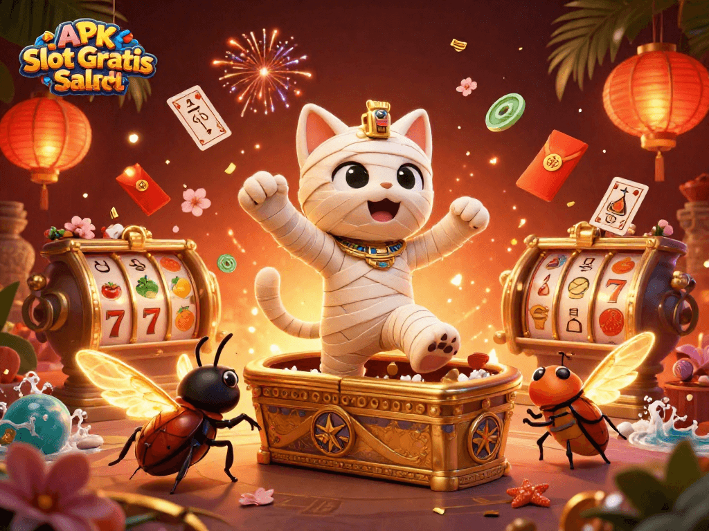 Engage with APK Slot Gratis Saldo through vibrant, dynamic casino-themed 3D illustration art featuring lively characters.