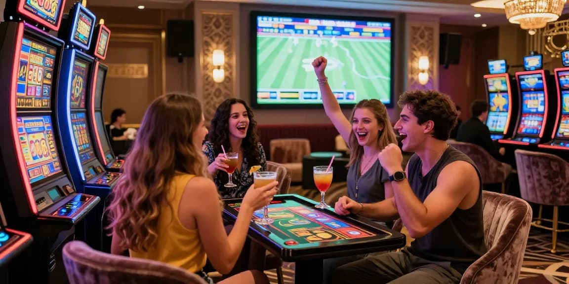Exciting group playing rokok88-themed slots in a vibrant casino lounge.