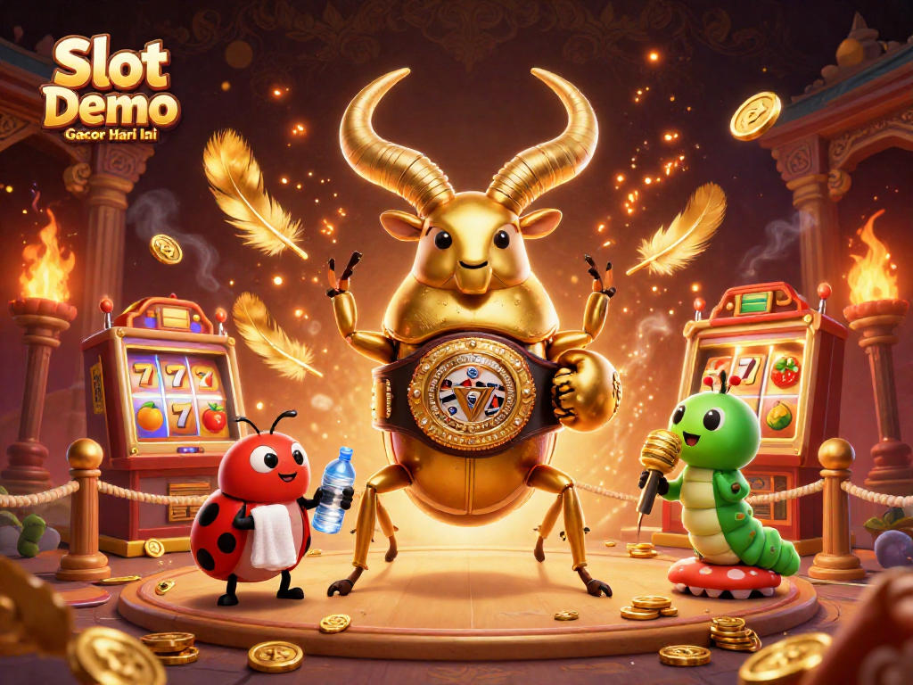 Engage with Slot Demo Gacor Hari Ini featuring a golden stag beetle in action amidst casino elements and rich details.