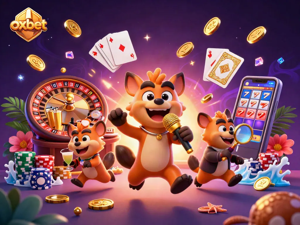 Join the fun at Oxbet's vibrant casino featuring hyenas in an exciting comedy club atmosphere.