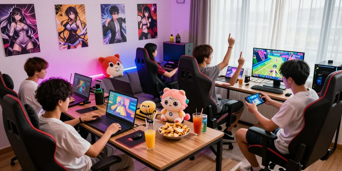Exciting group enjoying a hentai game together in a vibrant gaming lounge.