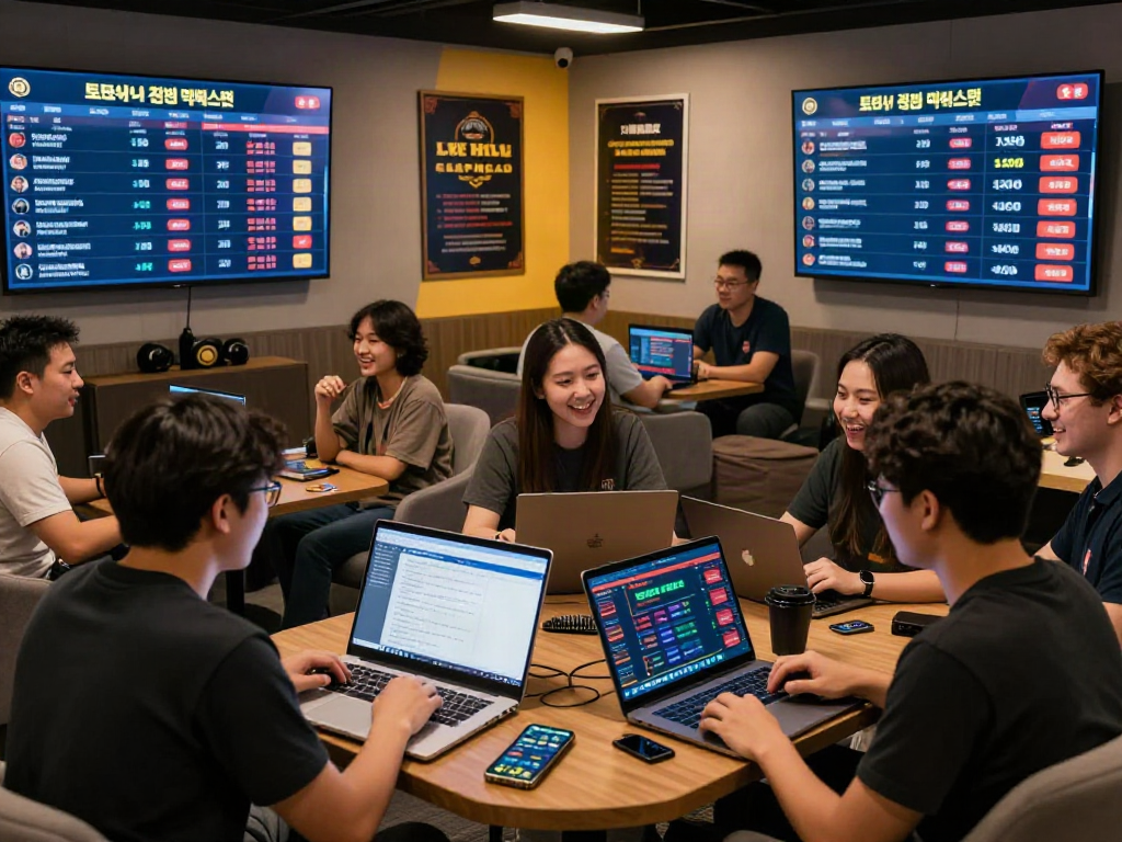 Engaging online gambling community discussing 토토사이트 검증 먹튀스팟 surrounded by technology and data.