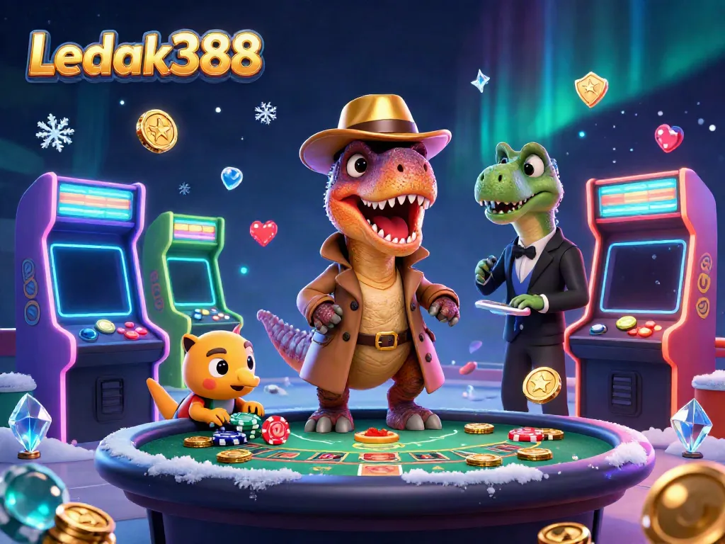 Experience the vibrant world of Ledak388 with a scene of animated characters at a blackjack table in a lively casino setting.