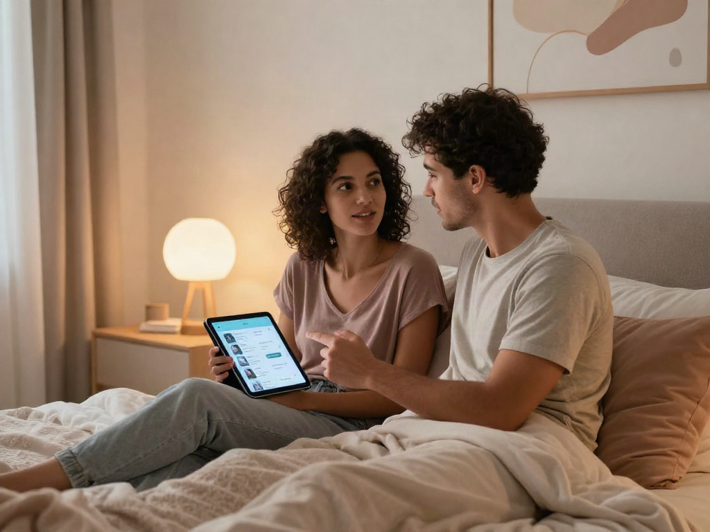 Couple exploring intimacy with sex ai app, warm bedroom ambiance.