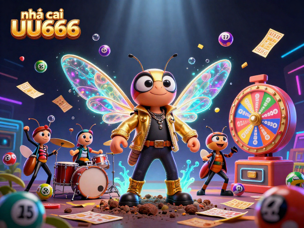 Experience vibrant gaming action with nhà cái UU666 featuring a buzzing cicada rock star and lively lottery elements.
