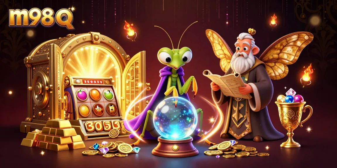 Engage with m98 q at a vibrant casino, showcasing a magical scene with fortune teller and winning treasures.