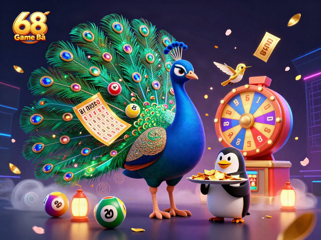 Engage with the thrilling world of 68 Game Bài through a vibrant 3D casino illustration featuring animated characters and dynamic game elements.