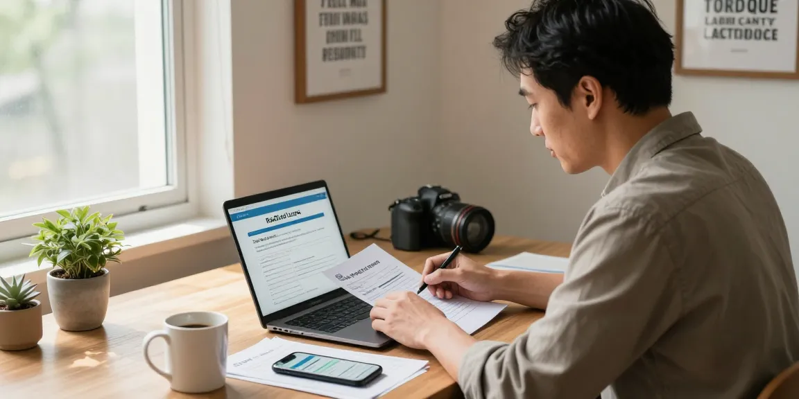 Applying for RadCred loans in a cozy home office with financial documents and warm lighting.