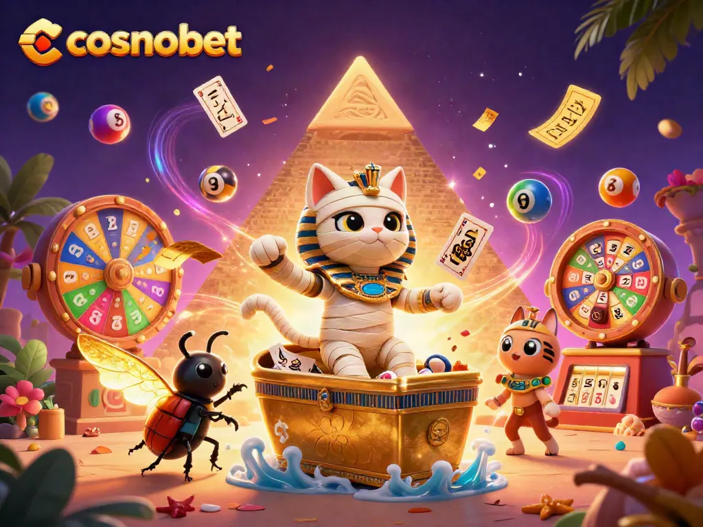 Experience the thrill at cosmobet with a vibrant casino scene featuring an Egyptian mummy cat and gaming elements.