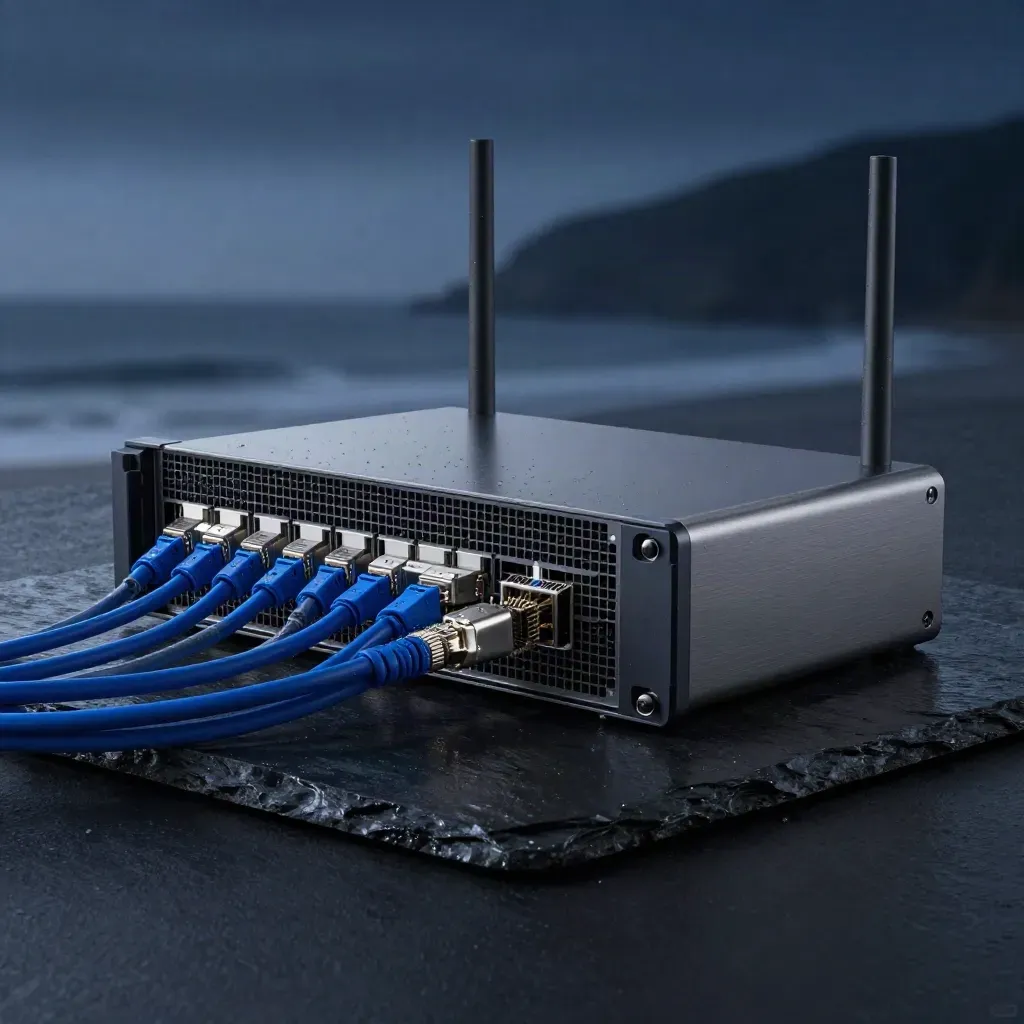 Rack server blade and router with coiled cables on wet slate under blue-hour studio light.