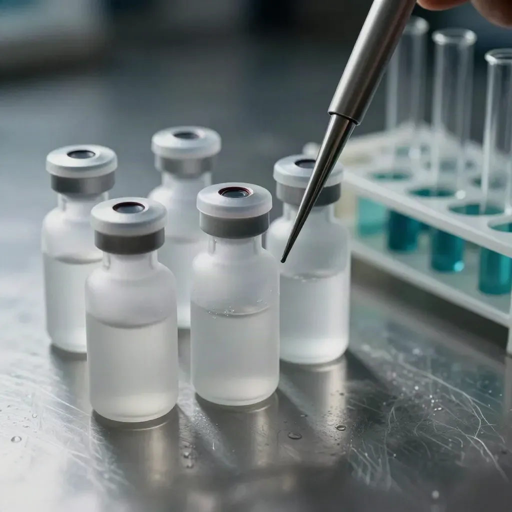 Frosted reagent vials, titanium pipette, and sample rack on brushed steel with cool lab haze.