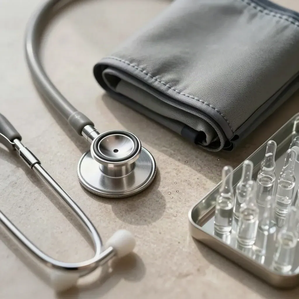 Stethoscope chestpiece, blood-pressure cuff and ampoule tray on polished stone, top-down close flatlay.