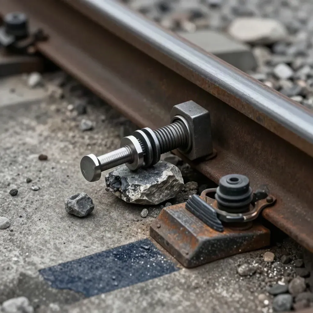 Rail coupling pin, brake block fragment, ballast stone and rubber insulator on dark concrete.