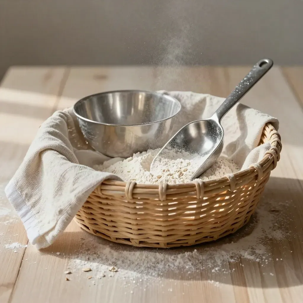 Bread basket, linen cloth, flour scoop, and steel bowl on pale wood in soft daylight.