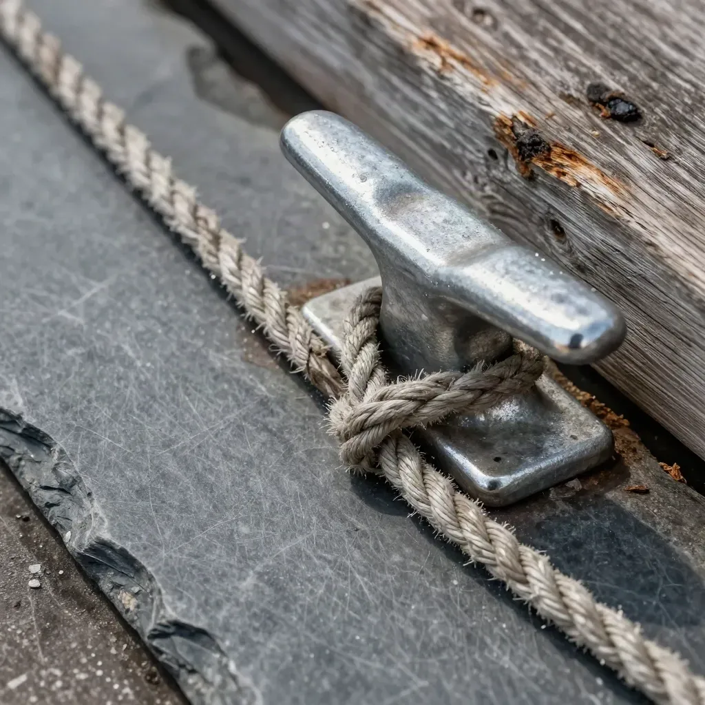 Dock cleat, shackle and rope on slate with sea mist and weathered timber, top-down macro