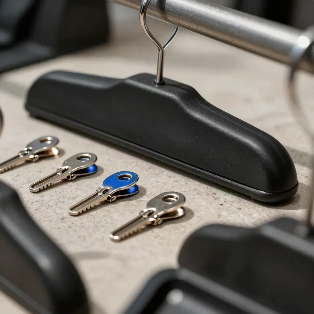 Extreme macro of retail hooks, security pins, checkout cradle shell and display clips on brushed stone.