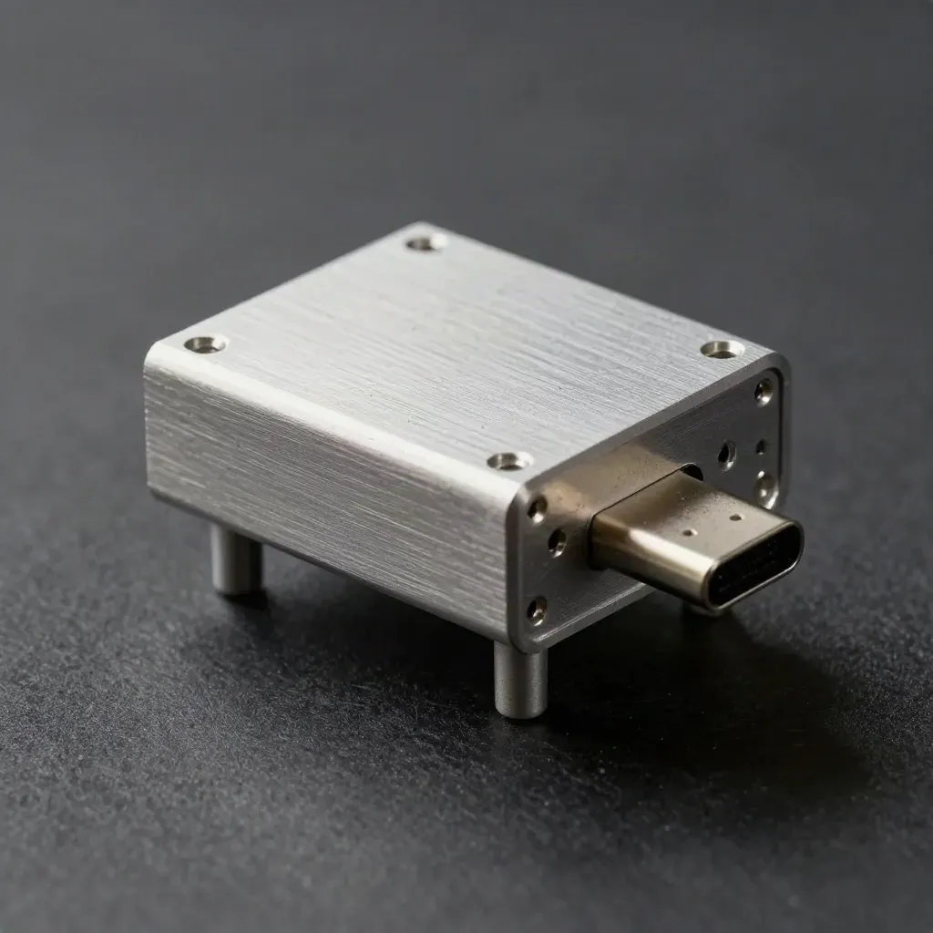 Top-down macro of an aluminium enclosure, standoffs and USB-C adaptor on charcoal felt.
