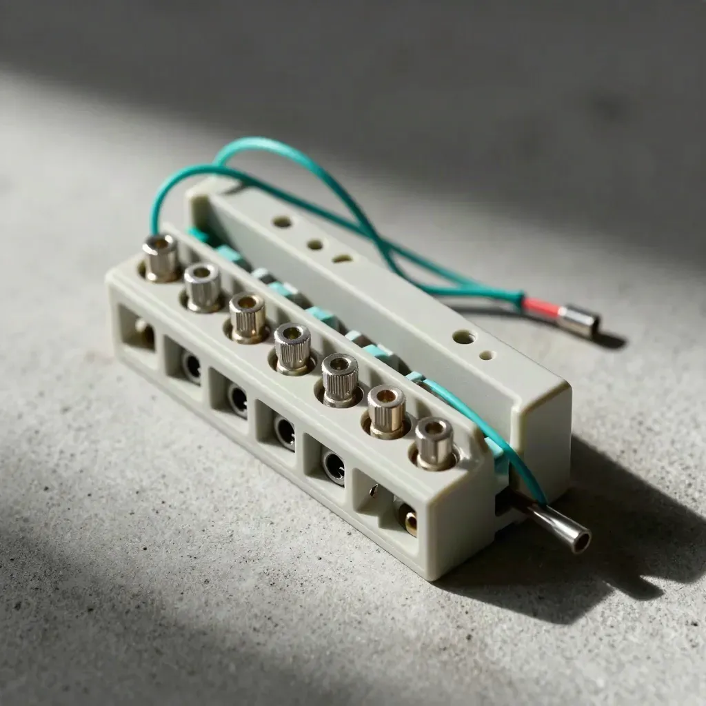 DIN-rail relay module, terminal block, ferrules and cable ties on pale concrete