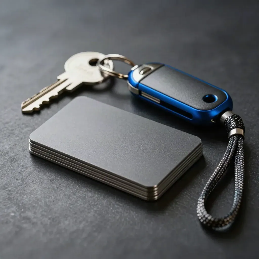 Security token, smart card, and access fob on brushed steel with dramatic light.