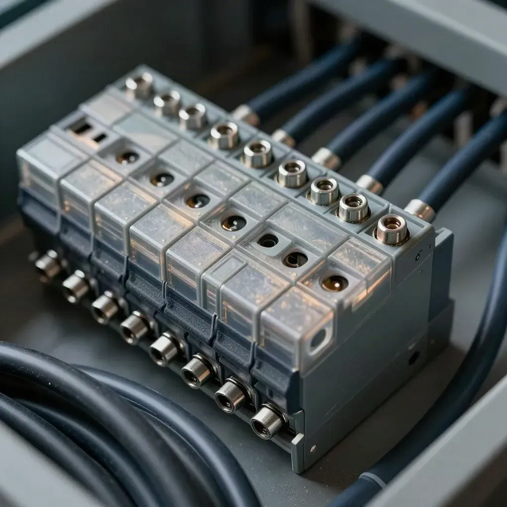 Macro still life of relay, ferrules, terminal blocks and cable ties on graphite in skimming light