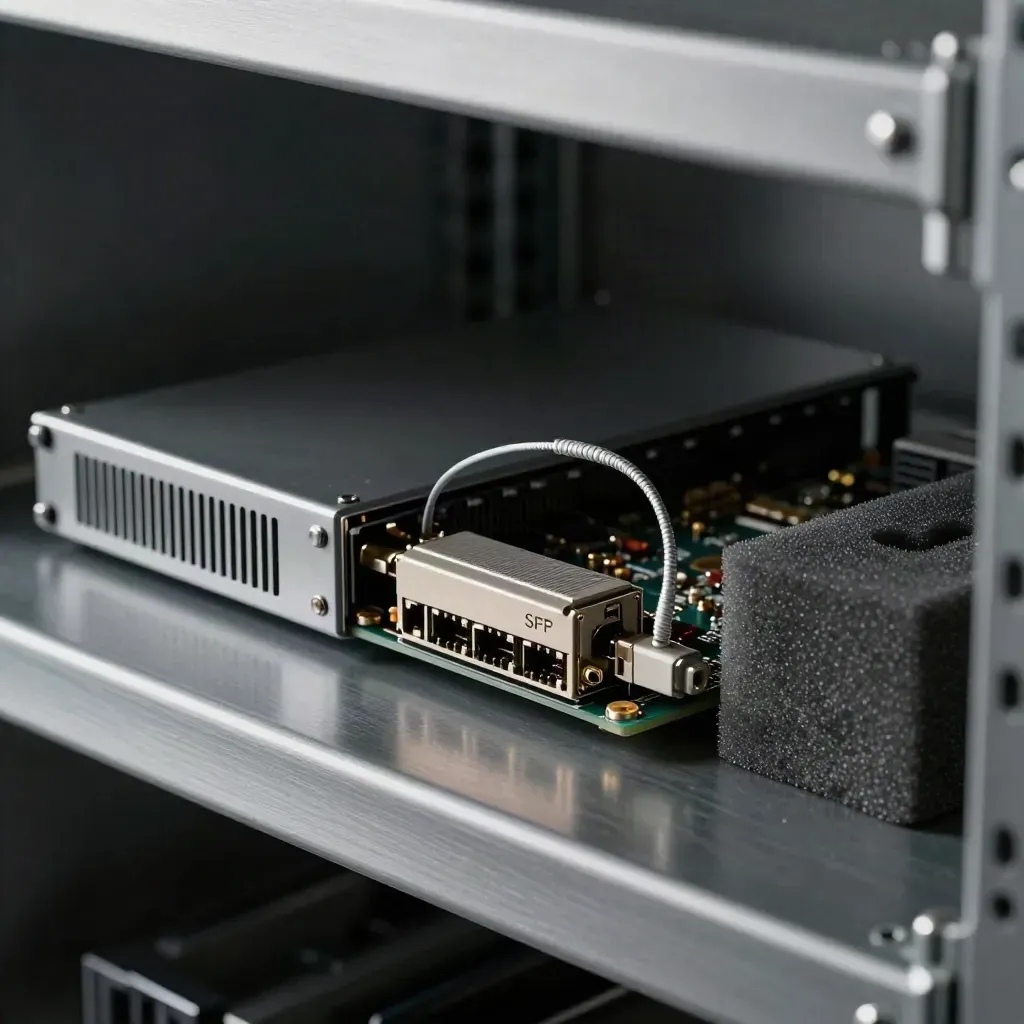 Server blade, SFP transceiver, fibre loop and foam on dark steel in dramatic light