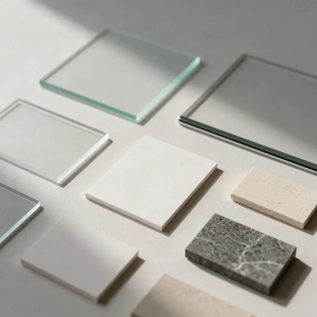 Top-down design materials flatlay with acrylic corners, glass swatches, paper chips and bezel samples.