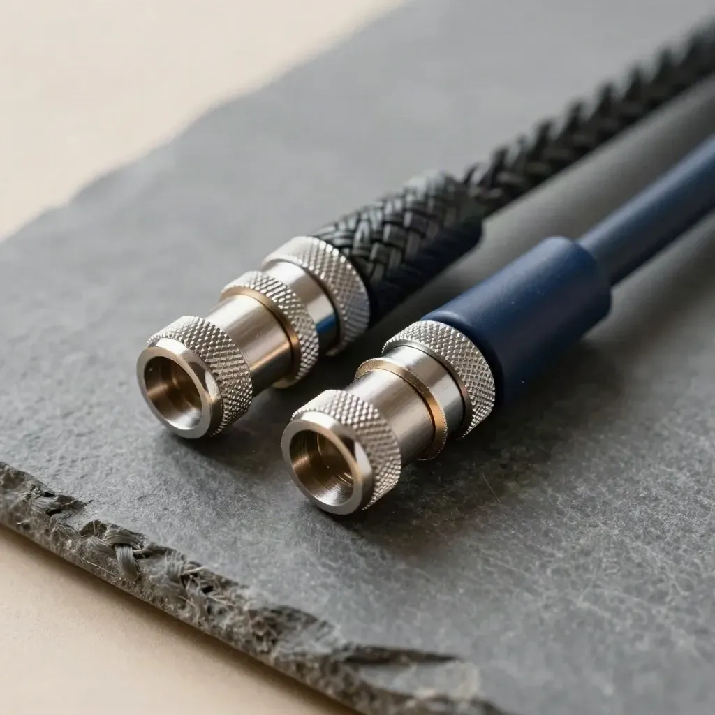 Macro of interlocking network couplers and braided patch leads on graphite stone.