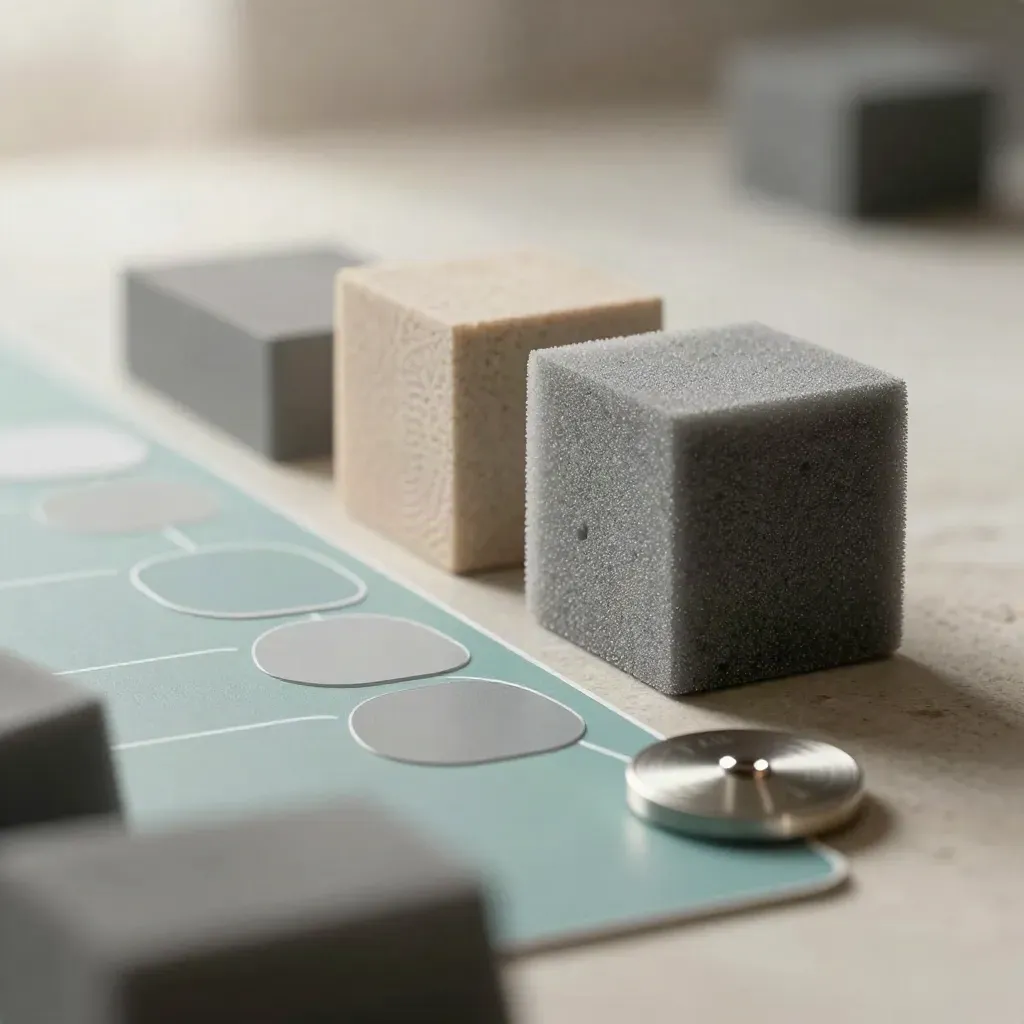 Macro still life of foam mockup blocks, sample cards and a revision token on stone.