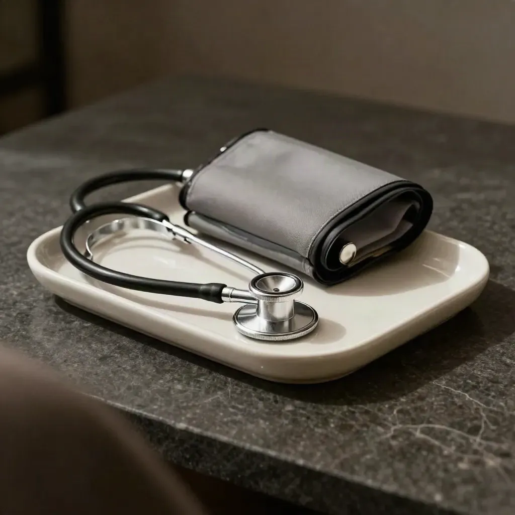 Stethoscope, blood-pressure cuff and ceramic tray on dark stone in dramatic light.