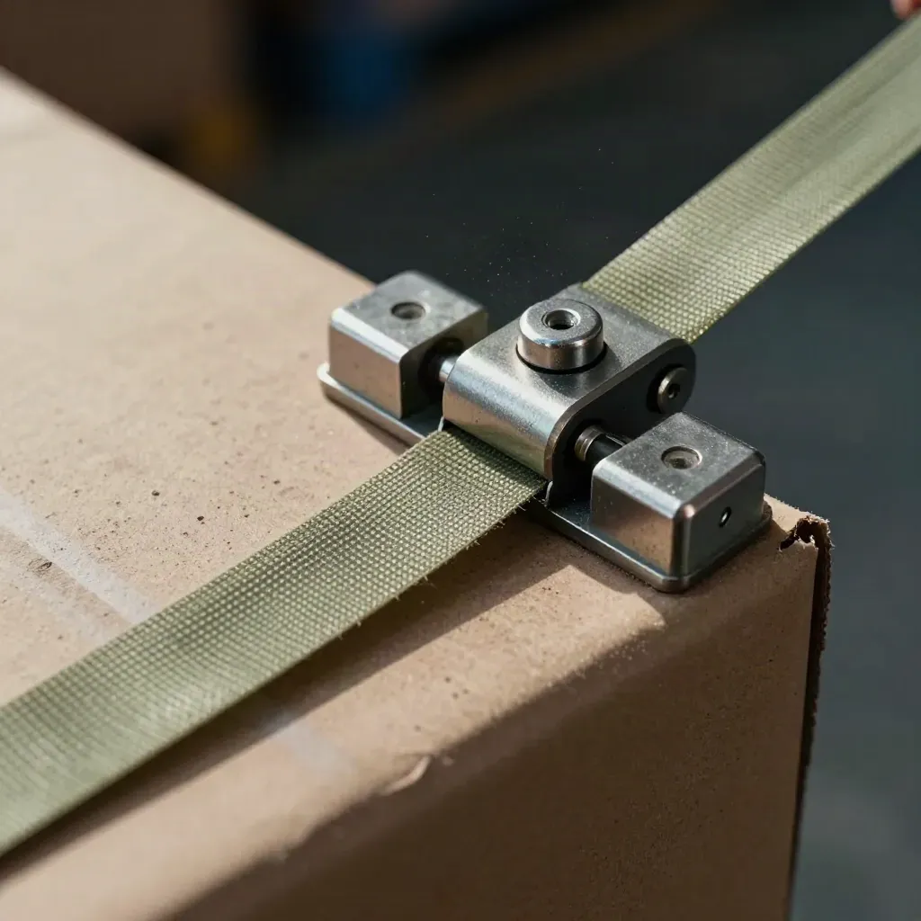 Macro of strapping hardware securing a carton corner on concrete