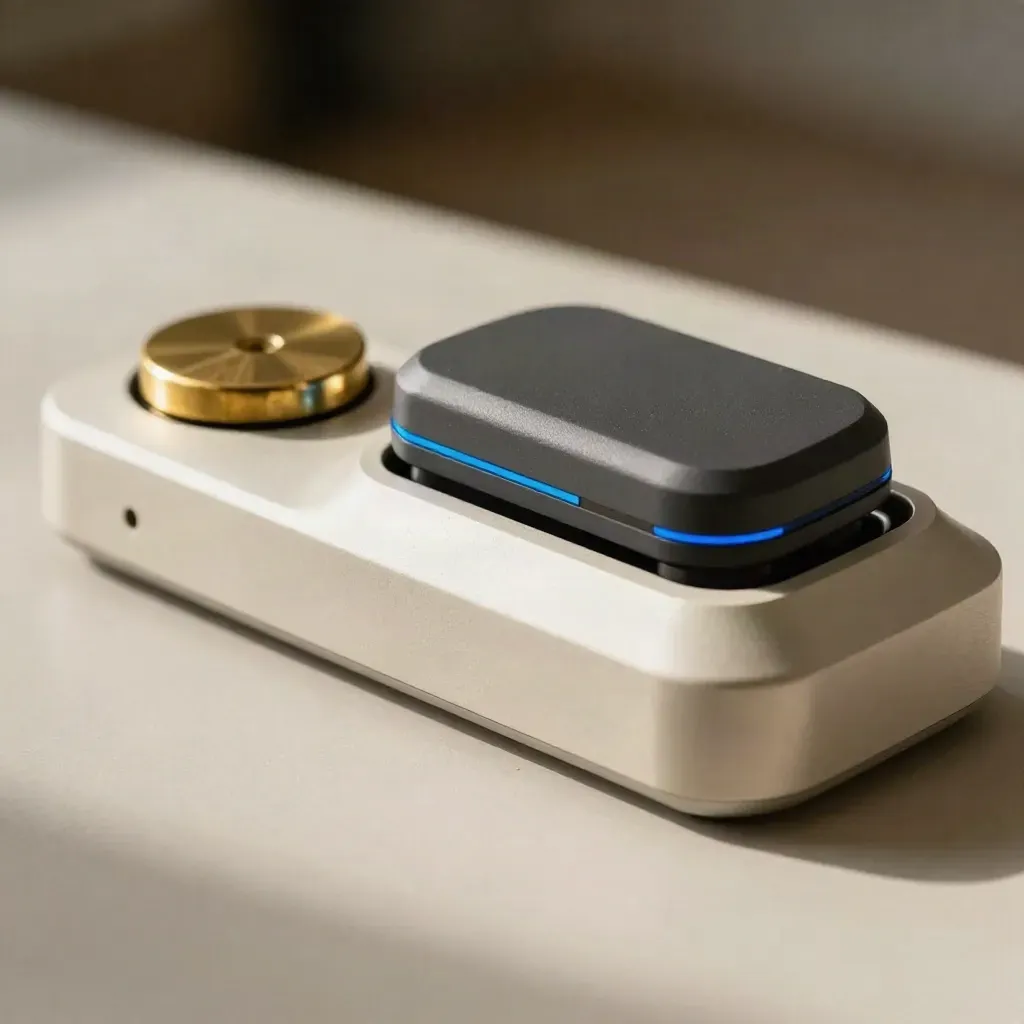 Brushed payment terminal cradle, contactless puck and brass token on pale metal with blue glints.
