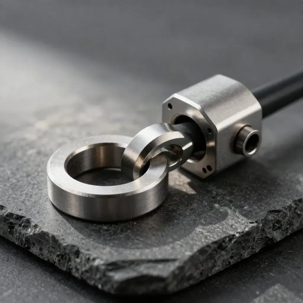 Metal rings, cable coupler and connector blocks bridging a graphite stone surface.