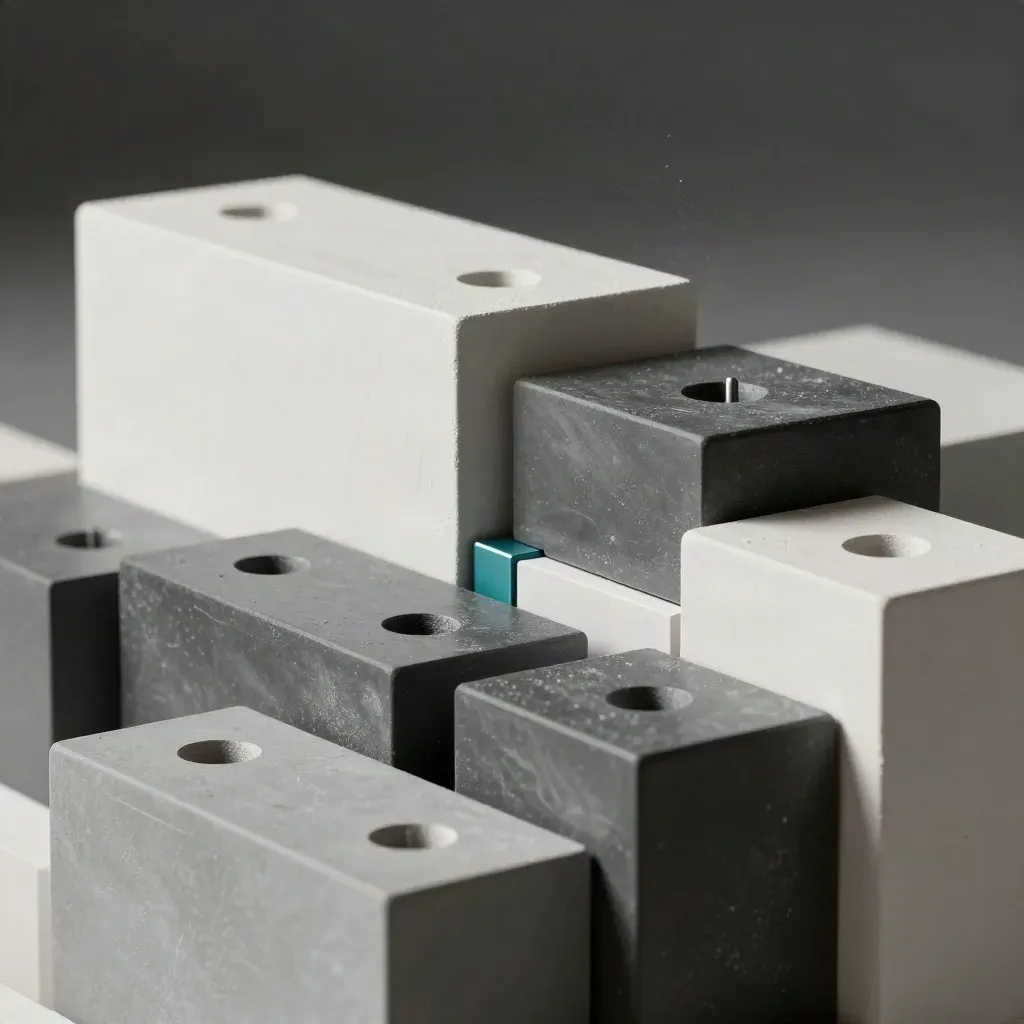 Graphite modular blocks with teal spacers locking together on matte plaster