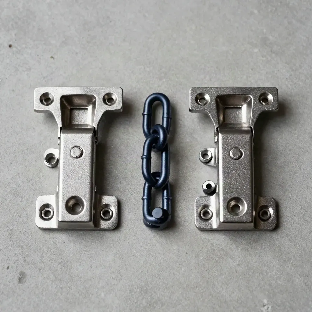 Top-down metal hinge plates and chain link on pale concrete with cool navy shadows