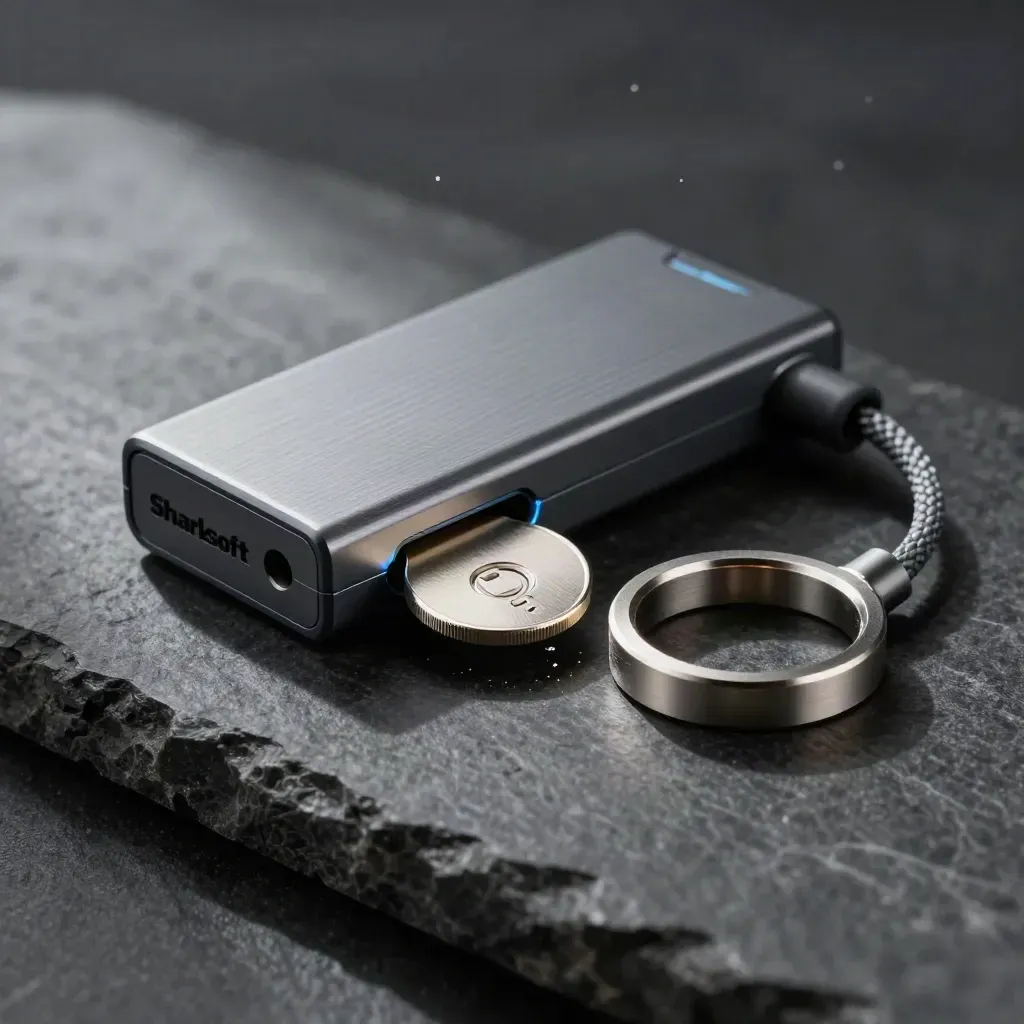 Brushed payment terminal shell, aluminium token, and braided connector on dark stone