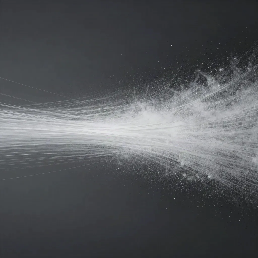 Silver light filaments stream through graphite space into a soft white bloom with drifting motes.