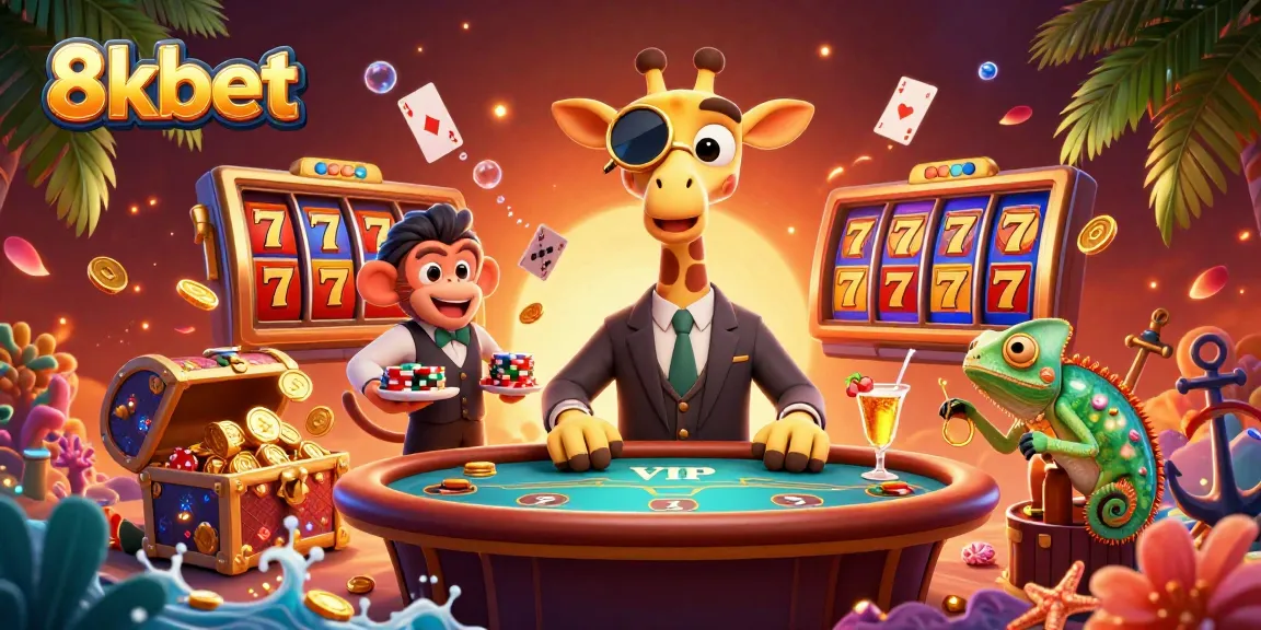 Engage in thrilling 8kbet casino action with a high-roller giraffe at a vibrant poker table.