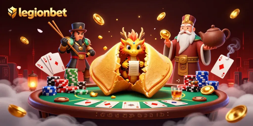 Engage with Legionbet's vibrant gaming scene featuring exciting poker elements and a golden fortune cookie.
