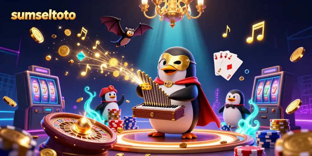 Experience excitement at sumseltoto with an animated casino scene featuring colorful characters and lively gambling elements.