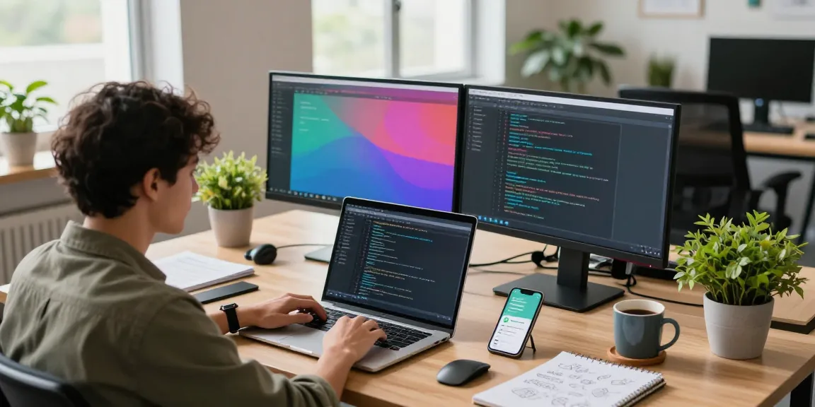 Developer using WhatsApp下載 on a laptop in a modern tech workspace with dual monitors and natural light.