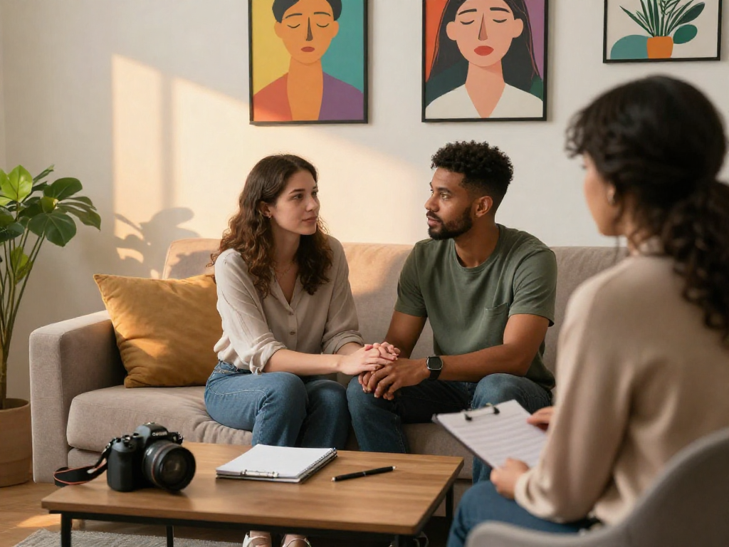 Engaging sex ai conversations between therapist and couple in a cozy setting