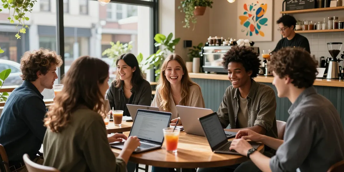 Friends chatting and enjoying drinks in café while using spicy chat ai on laptops