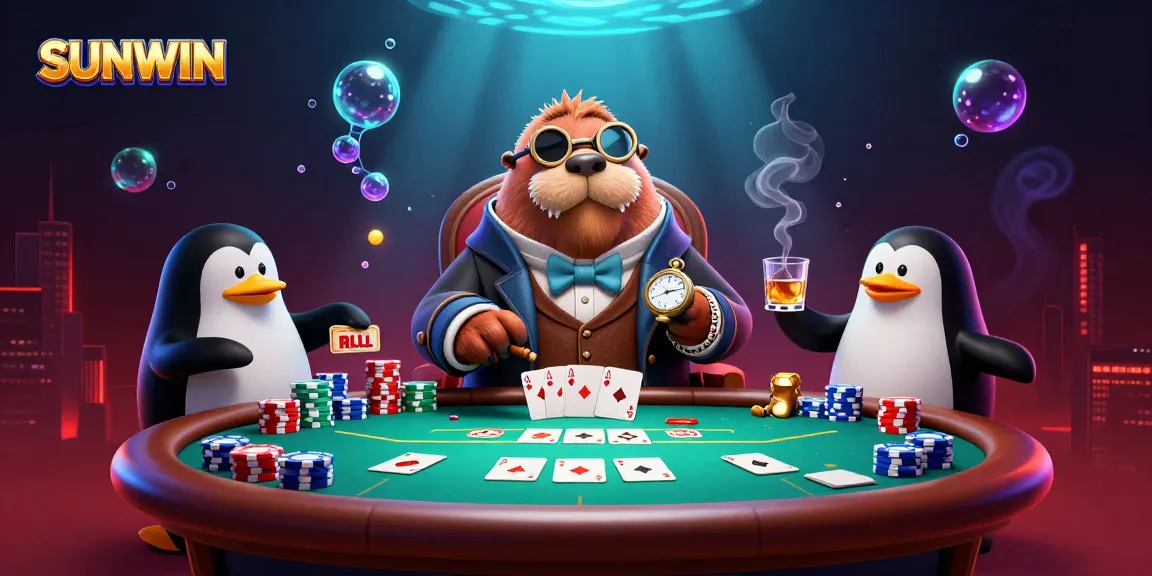 SUNWIN players engage in a vibrant underwater poker game with a walrus and penguin, showcasing dynamic gambling elements.