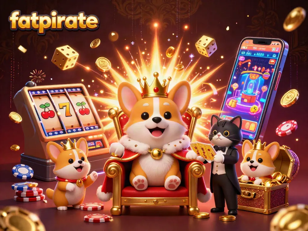 Experience the excitement of fatpirate with this vibrant 3D illustration, showcasing a royal corgi amidst dynamic casino elements.